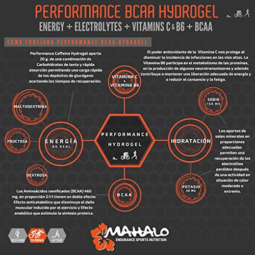 MAHALO PERFORMANCE CAFFEINE/BCAA HYDROGEL. 18 Sticks x 45 ml. Gel energético con Cafeína/BCAA, Carbohidratos, Electrolitos y Vitamina C.