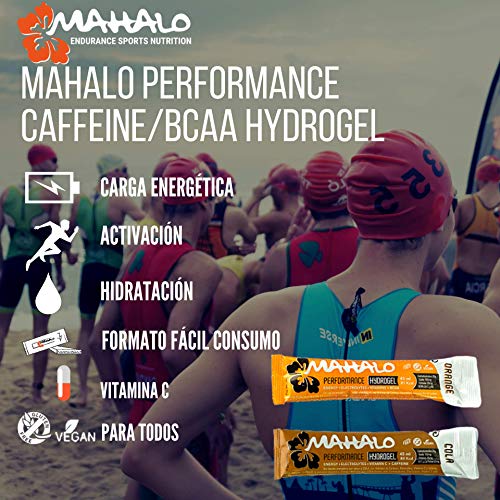 MAHALO PERFORMANCE CAFFEINE/BCAA HYDROGEL. 18 Sticks x 45 ml. Gel energético con Cafeína/BCAA, Carbohidratos, Electrolitos y Vitamina C.