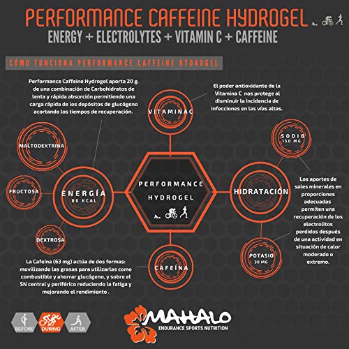 MAHALO PERFORMANCE CAFFEINE/BCAA HYDROGEL. 18 Sticks x 45 ml. Gel energético con Cafeína/BCAA, Carbohidratos, Electrolitos y Vitamina C.