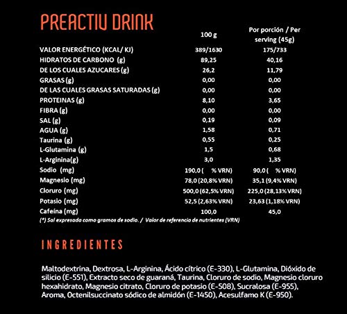MAHALO PREACTIV DRINK 450 g. Bebida isotónica completa para tomar antes y durante la actividad física. Hidratación y Energía con Guaraná+ Taurina + L-Glutamina + L-Arginina. (Fresa)