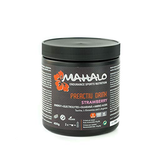 MAHALO PREACTIV DRINK 450 g. Bebida isotónica completa para tomar antes y durante la actividad física. Hidratación y Energía con Guaraná+ Taurina + L-Glutamina + L-Arginina. (Fresa)