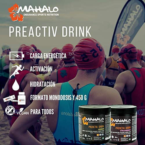 MAHALO PREACTIV DRINK 450 g. Bebida isotónica completa para tomar antes y durante la actividad física. Hidratación y Energía con Guaraná+ Taurina + L-Glutamina + L-Arginina. (Fresa)