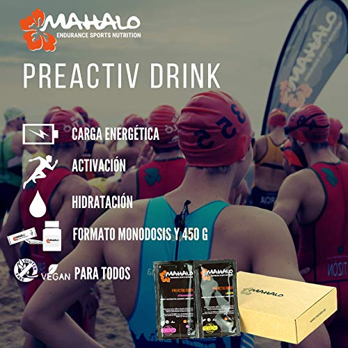 MAHALO PREACTIV DRINK BOX Monodosis 12 x 45 g. Fresa y Limón. Bebida isotónica completa para antes/durante la activ. física. Hidratación y Energía con Guaraná + Taurina + L-Glutamina + L-Arginina.