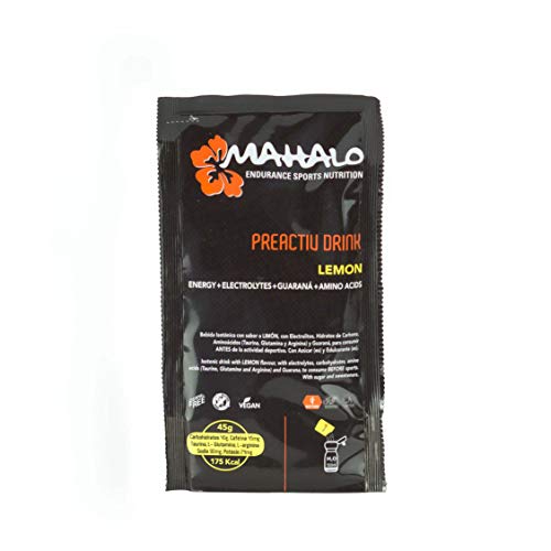 MAHALO PREACTIV DRINK BOX Monodosis 12 x 45 g. Fresa y Limón. Bebida isotónica completa para antes/durante la activ. física. Hidratación y Energía con Guaraná + Taurina + L-Glutamina + L-Arginina.