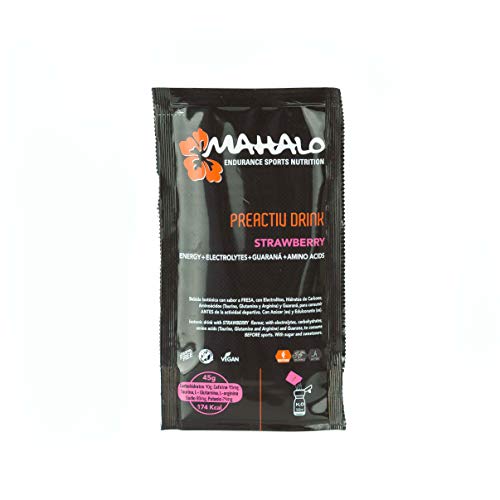 MAHALO PREACTIV DRINK BOX Monodosis 12 x 45 g. Fresa y Limón. Bebida isotónica completa para antes/durante la activ. física. Hidratación y Energía con Guaraná + Taurina + L-Glutamina + L-Arginina.