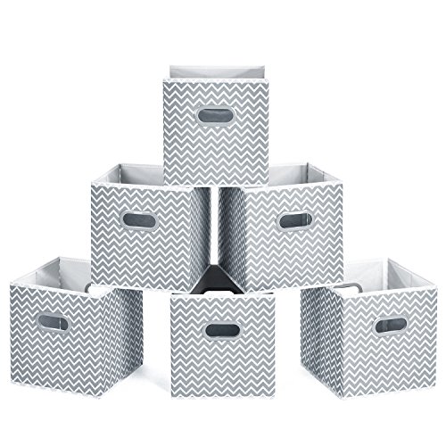 MaidMAX Cubos de Almacenaje, Cajas Plegables de Tela con Doble Mango de Plástico, para Casa, Oficina, Zigzag Gris/Blanco, 6 pcs, 26,6 x 26,6 x 27,9 cm MaidMAX Cubos de Almacenaje, Cajas Plegables de Tela con Doble Mango de Plástico, para Casa, Oficina, Zigzag Gris/Blanco, 6 pcs, 26,6 x 26,6 x 27,9 cm