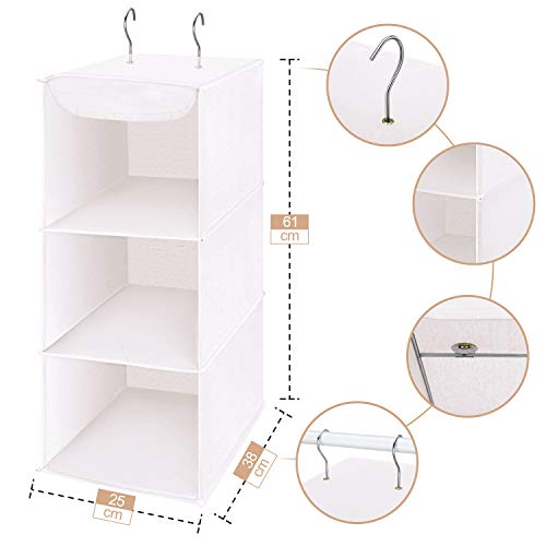 MaidMAX Organizador para Armario, Estantería Colgante Plegable, Organizador Colgante de Tela para Ropa, 3 Niveles y 2 Ganchos, Beige 