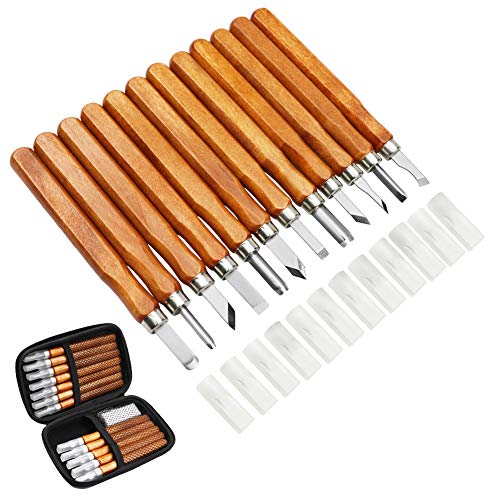 MAIKEHIGH 14Pcs Kit de herramientas de talla de madera - Cinceles de talla profesional Cuchillo Mango para esculturas de bricolaje Expertos de carpinteros Principiantes con cubiertas protectoras