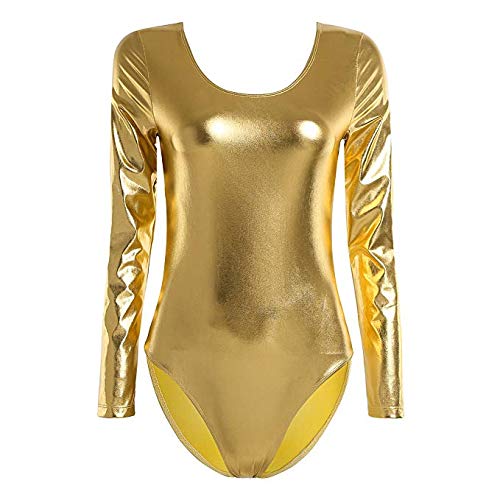 Maillot Ballet Danza Mujer de Manga Larga y Cuello Redondo (Dorado, XXL)