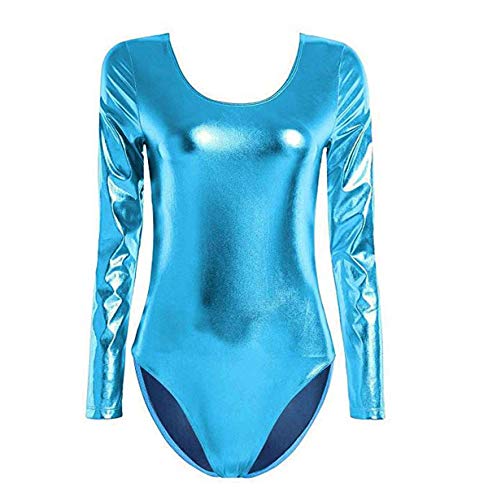 Maillot de Danza Ballet Gimnasia Leotardo Body Clásico Brillante Elástico para Mujer de Manga Larga Cuello Redondo (6 años, Turquesa)