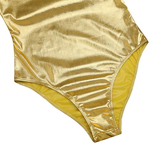 Maillot de Danza Ballet Gimnasia Leotardo Body Clásico Brillante Elástico para Mujer de Manga Larga Cuello Redondo (XL, Oro)