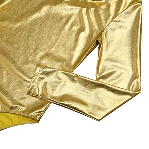 Maillot de Danza Ballet Gimnasia Leotardo Body Clásico Brillante Elástico para Mujer de Manga Larga Cuello Redondo (XL, Oro)