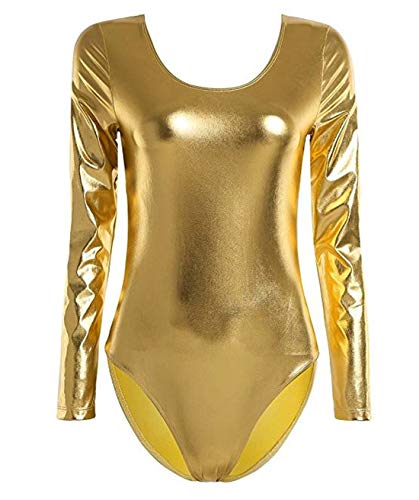 Maillot de Danza Ballet Gimnasia Leotardo Body Clásico Brillante Elástico para Mujer de Manga Larga Cuello Redondo (XL, Oro)