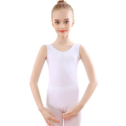 Maillot de Danza Gimnasia Leotardos de Ballet de Algodón sin Mangas para Niñas y Mujer Blanco 110