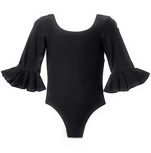 Maillot de Lycra de Manga Media con Volante. (Negro, 6 años)