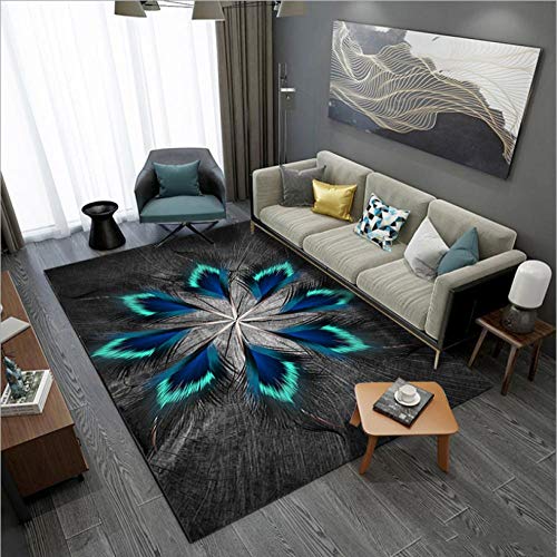 makeups17 alfombras Modernas Grandes Alfombra Interior Y Exterior fácil Mantenimiento Ideal para salón, Cocina,Plumas Negro Gris Azul Turquesa 200X300CM(6.6ft x 9.8ft)