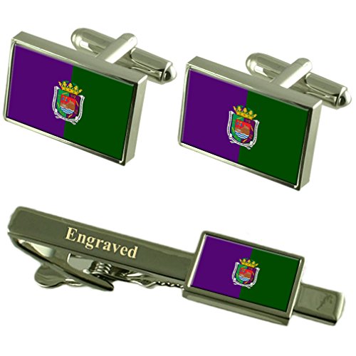 Málaga Ciudad Bandera España Gemelos Grabado Set Clip de Corbata Málaga Ciudad Bandera España Gemelos Grabado Set Clip de Corbata