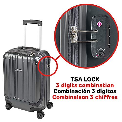 Maleta Cabina con Bolsillo Ordenador Portátil Equipaje de Mano Trolley Rígido y Ligero 4 Ruedas Dobles Giro 360º Cerradura TSA Sulema (Gris)