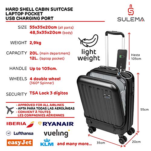 Maletas de Viaje de Cabina 55x40x20 con USB de Carga Equipaje de Mano Trolley rigida 4 Ruedas giratorias 360º candado TSA Maleta Ryanair, Grandes Resistentes Sulema