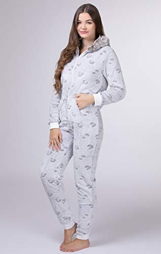 maluuna - Mono Pijama de Mujer de Tejido Polar, con puños en Las Mangas y Bajos Fruncidos, Extremadamente Suave y Mullido y con Pelo sintético, Color:Beige, Größe:32/34