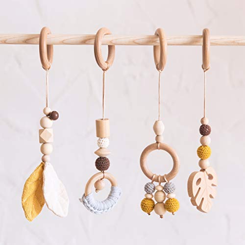 Mamimami Home 4pc Anillo de Madera Bebé Mordedor Actividad Juego de Enfermería Gimnasio Sonajero Colgante Juguete Orgánico No Tóxico Sentido Ambiental Juguetes Sensoriales Regalo Recién Nacido