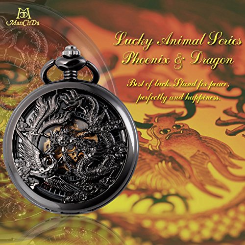 ManChDa Antiguo Negro Hunter Números Romanos Dragon y Phoenix/Reno Patrón Hueco Mecánico Reloj de Bolsillo + Caja de Regalo (1.Black, HBH065) ManChDa Antiguo Negro Hunter Números Romanos Dragon y Phoenix/Reno Patrón Hueco Mecánico Reloj de Bolsillo + Caja de Regalo (1.Black, HBH065)
