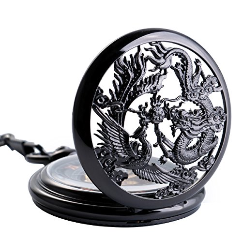 ManChDa Antiguo Negro Hunter Números Romanos Dragon y Phoenix/Reno Patrón Hueco Mecánico Reloj de Bolsillo + Caja de Regalo (1.Black, HBH065) ManChDa Antiguo Negro Hunter Números Romanos Dragon y Phoenix/Reno Patrón Hueco Mecánico Reloj de Bolsillo + Caja de Regalo (1.Black, HBH065)