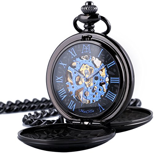 ManChDa Reloj de Bolsillo Hombre Mujer Relojes de Bolsillo con Cadena Relojes de Bolsillo mecánico Grabado Steampunk Números Romanos Mano Viento Reloj de Bolsillo