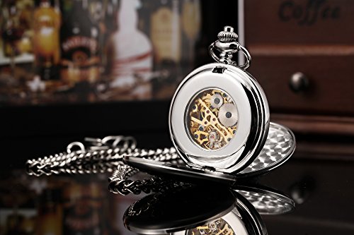 ManChDa Reloj de Bolsillo Retro Suave Clásico Mecánico Hand-Wind Reloj de Bolsillo Números Romanos Steampunk Reloj Fob para Hombres, Mujeres con Cadena + Caja de Regalo