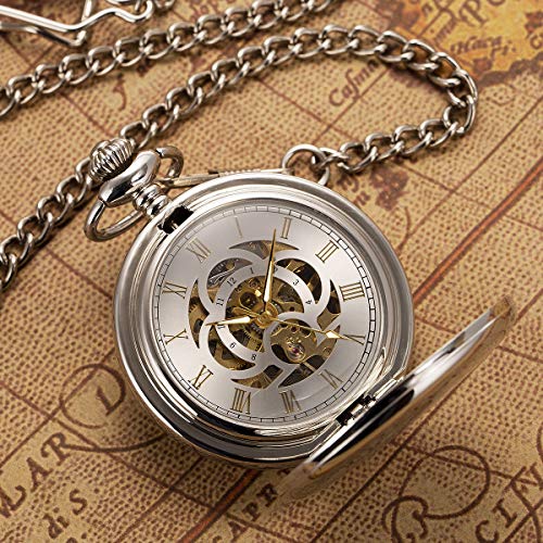 ManChDa Reloj de Bolsillo Retro Suave Clásico Mecánico Hand-Wind Reloj de Bolsillo Números Romanos Steampunk Reloj Fob para Hombres, Mujeres con Cadena + Caja de Regalo