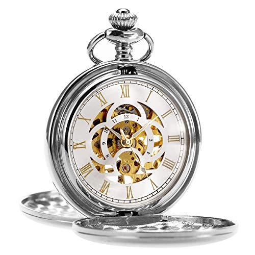 ManChDa Reloj de Bolsillo Retro Suave Clásico Mecánico Hand-Wind Reloj de Bolsillo Números Romanos Steampunk Reloj Fob para Hombres, Mujeres con Cadena + Caja de Regalo