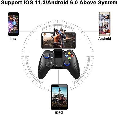 Mando para Android, PowerLead Controlador para iOS/Android, inalámbrico Gamepad de Juegos con Soporte Retráctil, 2.4G Inalámbrico Móvil Mando con Doble Vibración