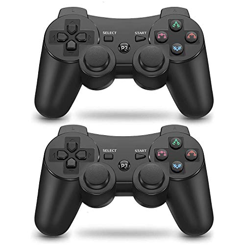 Mando PS3 inalámbrico Bluetooth Gamepad Doble Vibración Six-Axis Mando a Distancia Joystick para Playstation 3 con Cable USB (2 negros)