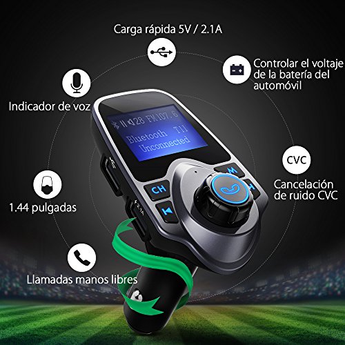 Manos Libres Bluetooth Transmisor FM Coche de VicTsing, Bluetooth Coche Musica FM Transmisor,Reproductor MP3 Coche, Adaptador de Radio, 1.44 Pulgadas Cargador de Coche de USB-Gris