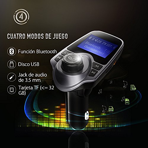 Manos Libres Bluetooth Transmisor FM Coche de VicTsing, Bluetooth Coche Musica FM Transmisor,Reproductor MP3 Coche, Adaptador de Radio, 1.44 Pulgadas Cargador de Coche de USB-Gris