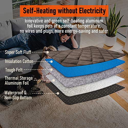 Manta Autocalentable para Gatos & Perros, 90x60cm Talla Grande Almohadilla Térmica Impermeable Antideslizante Lavable Plegable sin Electricidad Ecológico Self Heating Pad para Mascotas, Café