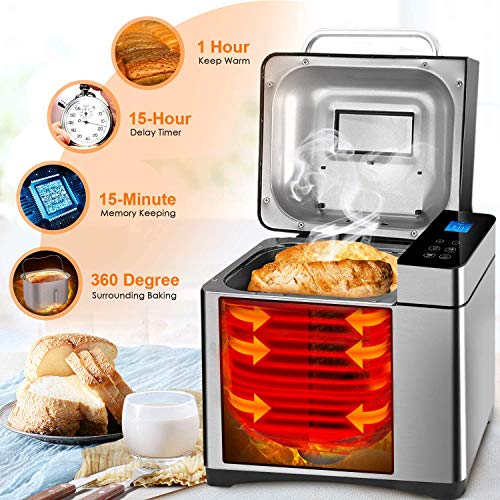 Máquina de pan programable, 19 programas, 710 W, máquina de pan con pantalla retroiluminada azul y temporizador programable 15 horas, color plateado (rojo)