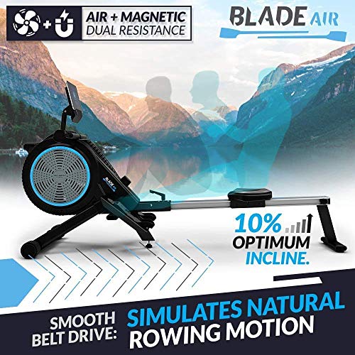 Máquina de remo de aire Fitness Blade | Uso en el hogar plegable | Remero de doble resistencia magnética + aire | Kinomap | Transmisión de video en vivo | Entrenamiento y entrenamiento por video | Co