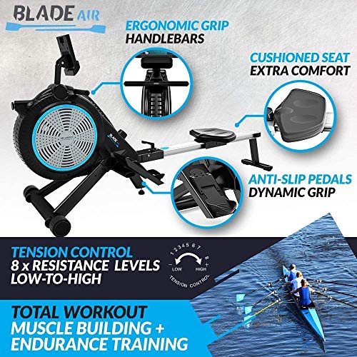 Máquina de remo de aire Fitness Blade | Uso en el hogar plegable | Remero de doble resistencia magnética + aire | Kinomap | Transmisión de video en vivo | Entrenamiento y entrenamiento por video | Co