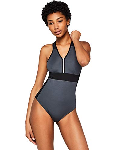 Marca Amazon - AURIQUE Bañador con Cremallera Mujer, Gris (Grey/black), S, Label:S