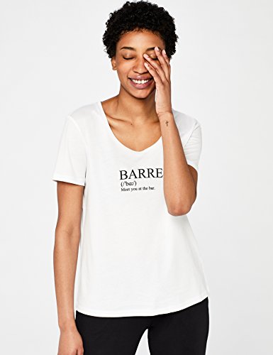Marca Amazon - AURIQUE Camiseta Deportiva con Eslogan Mujer, Blanco (White (Barre)), 38, Label:S