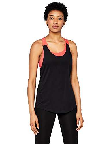 Marca Amazon - AURIQUE Camiseta Deportiva de Doble Capa Mujer, Multicolor (Black/Geranium), 36, Label:XS