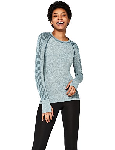 Marca Amazon - AURIQUE Camiseta Deportiva de Manga Larga sin Costuras Mujer, Verde (Forest Night), 40, Label:M