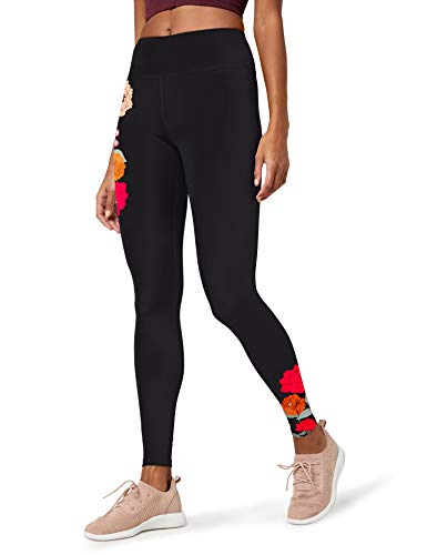 Marca Amazon - AURIQUE Floral Print Legging - Mallas de entrenamiento Mujer, Negro (Black), 38, Label:S