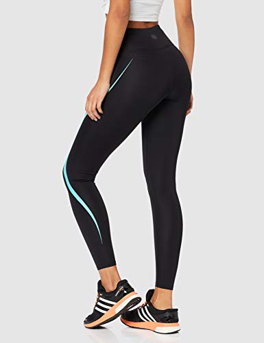 Marca Amazon - AURIQUE Mallas de Deporte Tiro Alto Mujer, Negro (Black/Turquoise), 36, Label:XS