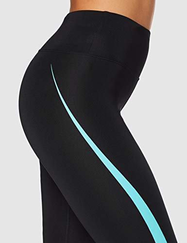 Marca Amazon - AURIQUE Mallas de Deporte Tiro Alto Mujer, Negro (Black/Turquoise), 36, Label:XS