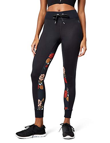 Marca Amazon - AURIQUE Super Soft Contrast Print - Mallas de entrenamiento Mujer, Negro (Black/Floral Print), 42, Label:L