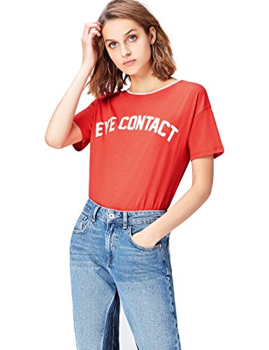 Marca Amazon - find. Camiseta con Mensaje con Cuello Redondo Mujer, Rojo (Red), 40, Label: M