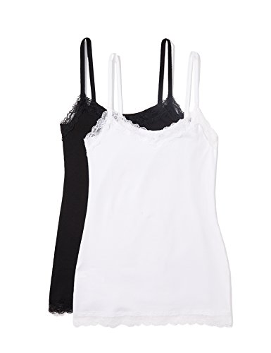 Marca Amazon - IRIS & LILLY Camiseta de Tirantes con Encaje Body Natural para Mujer, Pack de 2, Multicolor (White/Black), S, Label: S
