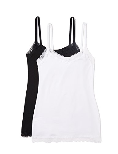 Marca Amazon - IRIS & LILLY Camiseta de Tirantes con Encaje Body Natural para Mujer, Pack de 2, Multicolor (White/Black), S, Label: S Marca Amazon - IRIS & LILLY Camiseta de Tirantes con Encaje Body Natural para Mujer, Pack de 2, Multicolor (White/Black), S, Label: S